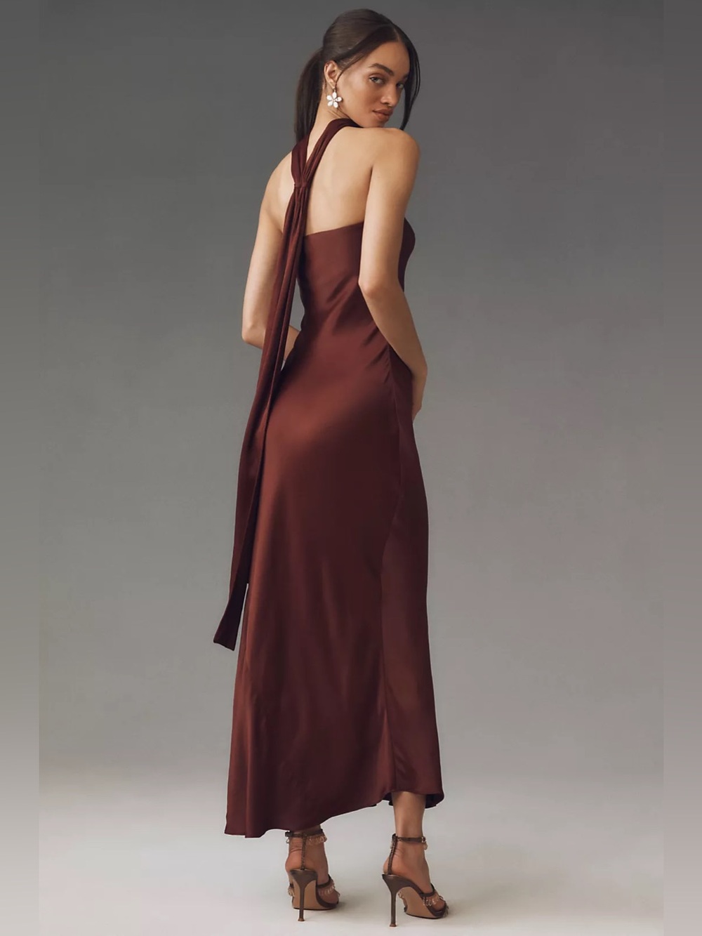 NWT BHLDN Anthropologie Leah Strapless Satin Scarf Slip Midi Dress S Cocoa Plum - Picture 2 of 8